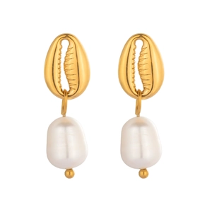 18K gold plated shell earrings with baroque pearl drops on a clean white background