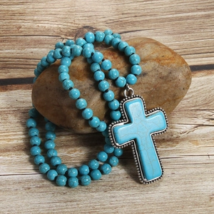 Bohemian turquoise cross pendant necklace with 8mm beaded knot chain on stone