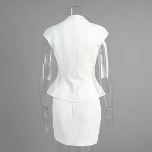 Back view of white sleeveless peplum top and slim fit mini skirt two-piece set