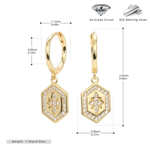 Detailed size specifications for gold S925 sterling silver star drop earrings with zircons