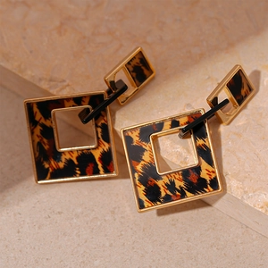 Detailed close-up of geometric leopard print square earrings with elegant gold frames
