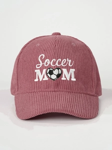 Close-up of Soccer MOM embroidery on dusty pink corduroy baseball cap texture