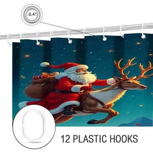 Detail of rustproof metal grommets and white plastic hooks on Christmas shower curtain