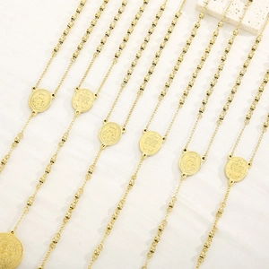 Vintage 6mm gold stainless steel bead necklace with religious cross pendant for men and women