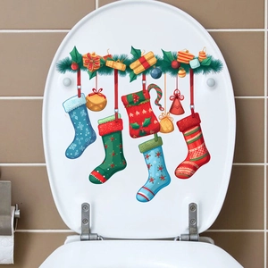 Christmas stocking toilet seat stickers with festive gift box and pine branch decals
