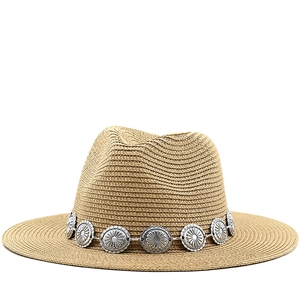 Woven Straw Fedora Hat With Sunflower Alloy Metal Band Summer Sunshade Beach Panama Jazz Style For Men Women