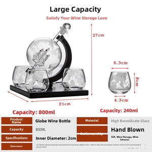 Detailed dimensions of globe whiskey decanter set with sailing boat and wooden base