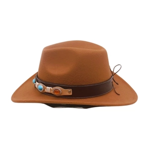 Detail of a brown wool jazz hat with a vintage leather band and colorful inlaid stones