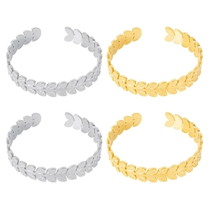 Set of four C-shaped leaf pattern open bangles in gold and silver plating