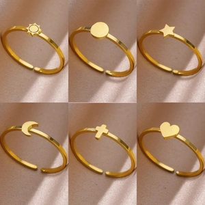 Minimalist Gold Plated Stainless Steel Adjustable Rings Heart Cross Moon Star Geometric Simple Fashion Jewelry