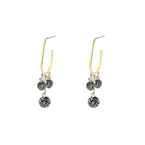 Boucles d'oreilles en U dorées avec boules pavées de cristaux noirs et transparents