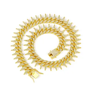 Spike Cuban Link Chain Necklace Alloy Iced Out Rhinestone Hip Hop Rock Rap Jewelry For Men