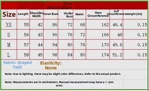 Detailed clothing size chart for sexy lace patchwork top with drape twill measurements