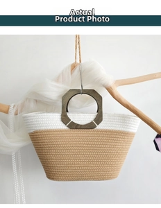Detail of color-block woven tote with wooden octagonal handles on artistic wood display