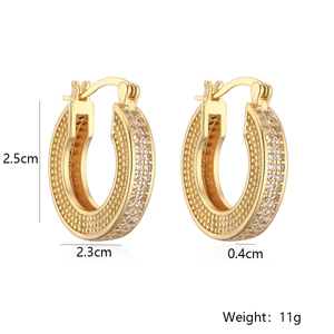Gold geometric oval hoop earrings with textured zircon stones on white background