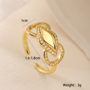 Macro shot of gold snake ring with zircon details showing 1cm width and weight specs