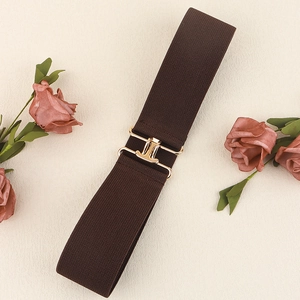Detail of dark brown elastic wide belt with elegant interlocking gold metal buckle