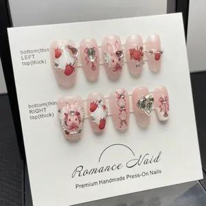 Handmade 10pcs press-on nails Alice theme with rabbit strawberry patterns and rhinestones