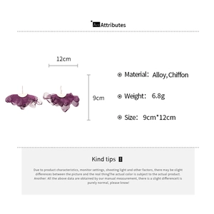 Detailed size specifications for purple chiffon flower tassel earrings with alloy hooks