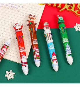 Detail showing cartoon Christmas themed 10-color shuttle pens with festive character toppers