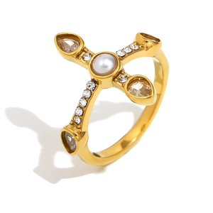 Vintage 18K gold plated stainless steel cross ring with pearls and crystals