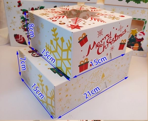Detailed view of stacked Christmas cupcake boxes with dimensions and snowflake patterns
