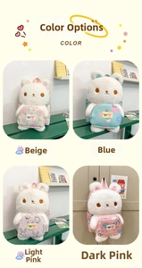 Detail view of four colorful plush bunny backpacks in cream, blue, and pink varieties