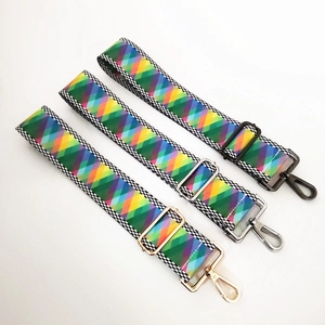 Colorful geometric wide replacement shoulder strap with checkered edges and metal hooks