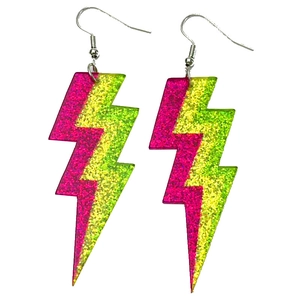 Neon lightning bolt earrings with hot pink and lime green glitter in acrylic finish