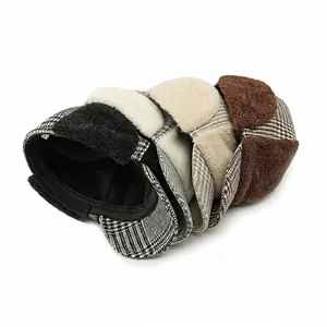 Winter plaid baseball cap with warm ear flaps and thick faux wool lining for women