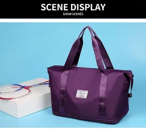 Durable purple sports travel bag with large capacity shown in a fitness scene setup