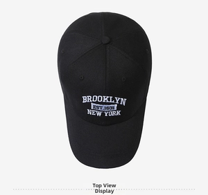 Detail view of cotton canvas baseball cap with white Brooklyn 1631 letter embroidery