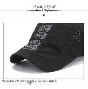 Detail view of black breathable cap featuring laser-cut perforations and side lettering