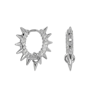 Macro shot of S925 sterling silver punk hoop earrings with clear zircon stones and spikes