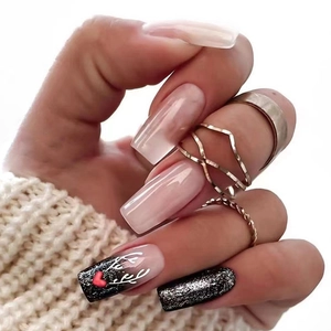 Christmas Elk Reindeer Press On Nails Plastic Medium Square Glitter Pink Black False Nails Winter Holiday Festive For Women