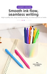 Colorful macaron retractable gel pens in a translucent holder with a spiral notebook
