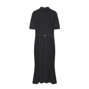 Elegant black short sleeve midi dress with mock neck and slim leather belt on white background