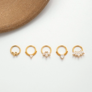Set of 5 gold 16G stainless steel hinged rings with zircon snake heart flower shapes