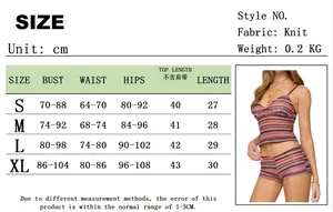 Detailed size chart for women's two-piece knit set including bust, waist, and hip measurements