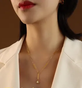 Detail of 18K gold-plated star pendant necklace with long oval link chain on neck