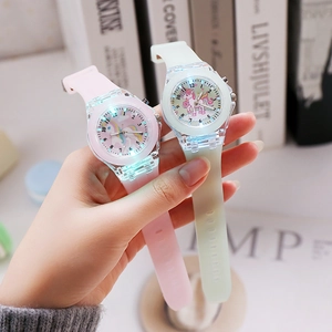 Kids luminous cartoon unicorn quartz watches with soft silicone strap in pink and mint green