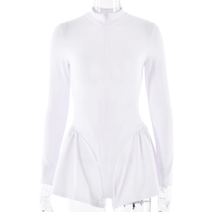 Close-up of white long-sleeve bodysuit featuring front zipper and ruffled skirt detail