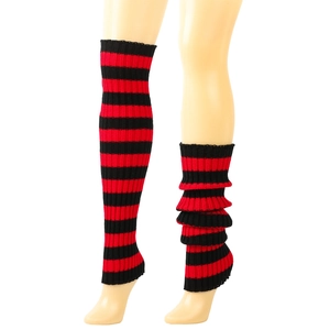 Detail of red and black striped knitted leg warmers showing stretch and ribbed texture