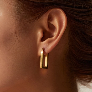 Polished 18K gold plated stainless steel chunky rectangle hoop earrings for women