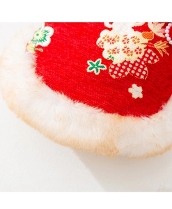 Close-up of red brocade dog New Year jacket with pearl button and floral embroidery