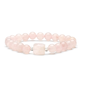 Elegant natural pink stone beaded bracelet with a square-cut center crystal on white background
