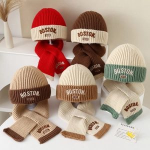 Kids knitted beanie and scarf set with Boston embroidery in colorful autumn tones