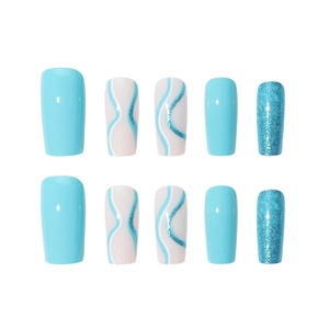 Sky blue and white press-on nail set with glitter and wavy lines on a 10pc kit