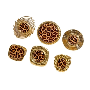 6-piece set of gold-plated stainless steel open rings with leopard print inlay