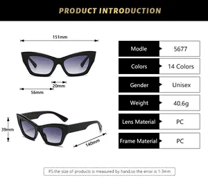 Detailed dimension chart showing frame width 151mm and lens width 56mm for PC cat eye shades